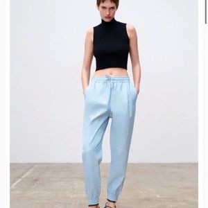 Zara Faux Leather High Waisted Baby Blue Drawstring Women Bottom Jogger